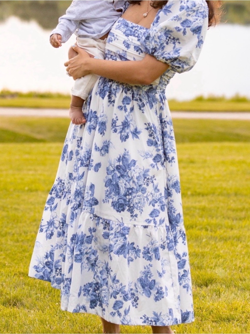Abercrombie & Fitch White Midi Dress with Blue Floral Print and Puff Sleeves